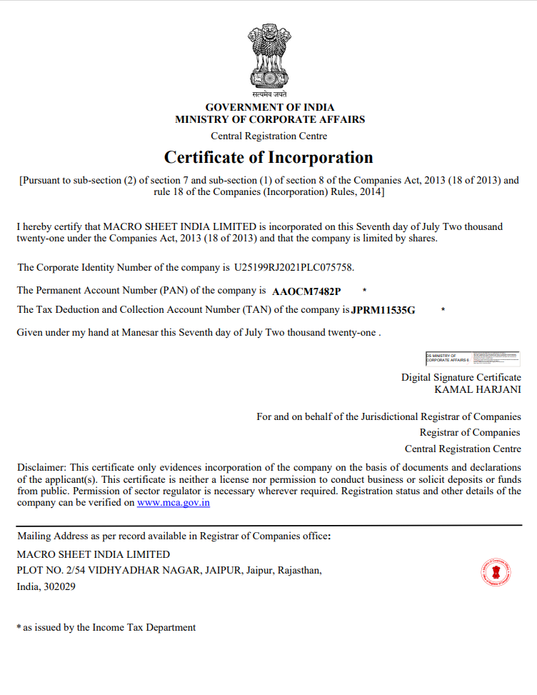 Certificate Incorporation